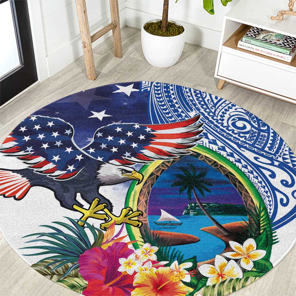 Guam and United States Together Round Carpet Bald Eagle and Guam Seal with Flower and Tribal Tattoos - Wonder Print Shop