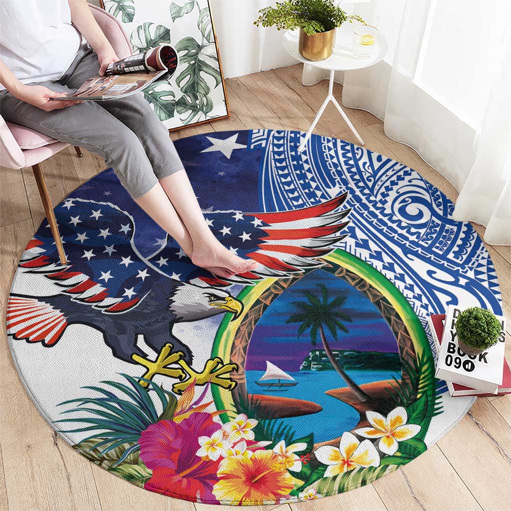 Guam and United States Together Round Carpet Bald Eagle and Guam Seal with Flower and Tribal Tattoos - Wonder Print Shop