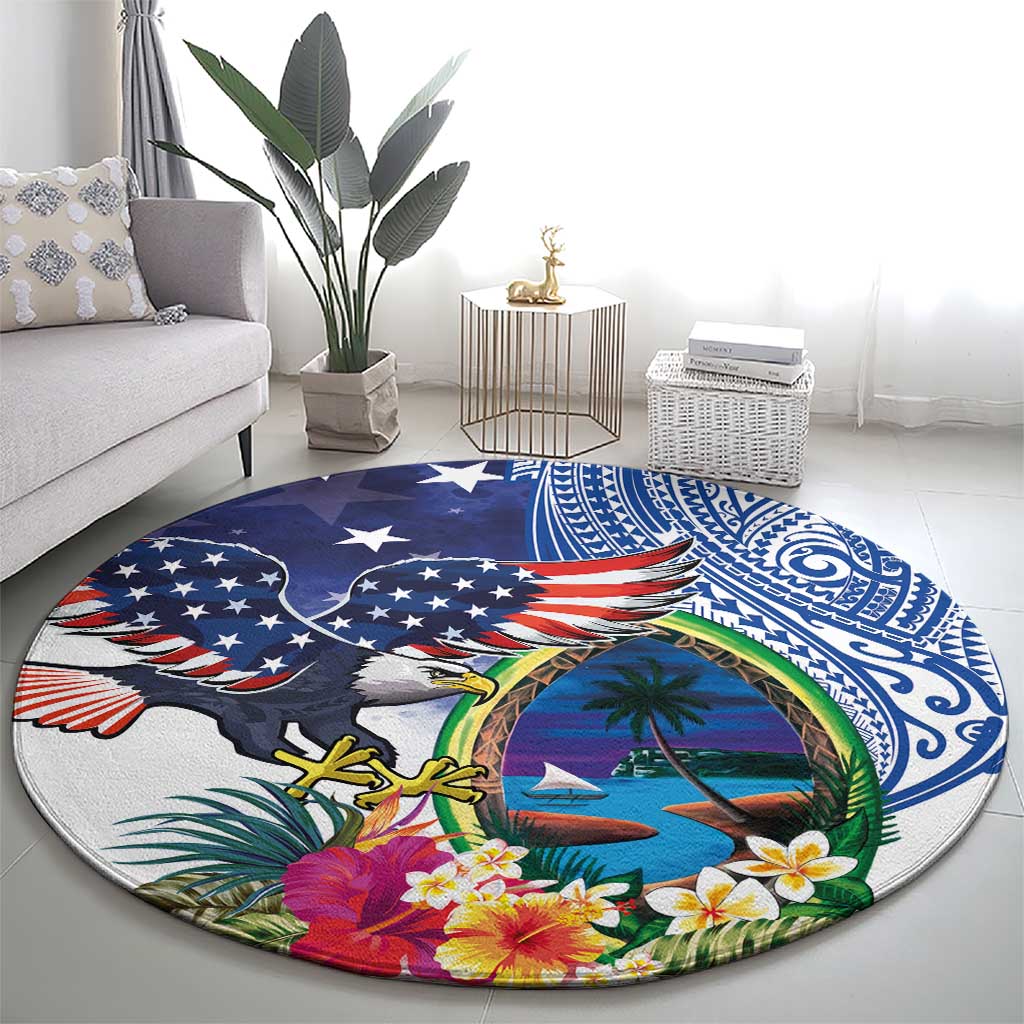 Guam and United States Together Round Carpet Bald Eagle and Guam Seal with Flower and Tribal Tattoos - Wonder Print Shop