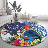 Guam and United States Together Round Carpet Bald Eagle and Guam Seal with Flower and Tribal Tattoos - Wonder Print Shop