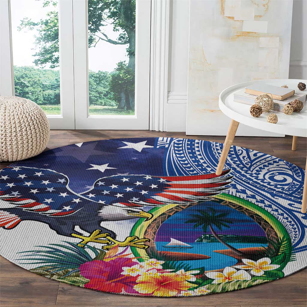 Guam and United States Together Round Carpet Bald Eagle and Guam Seal with Flower and Tribal Tattoos - Wonder Print Shop
