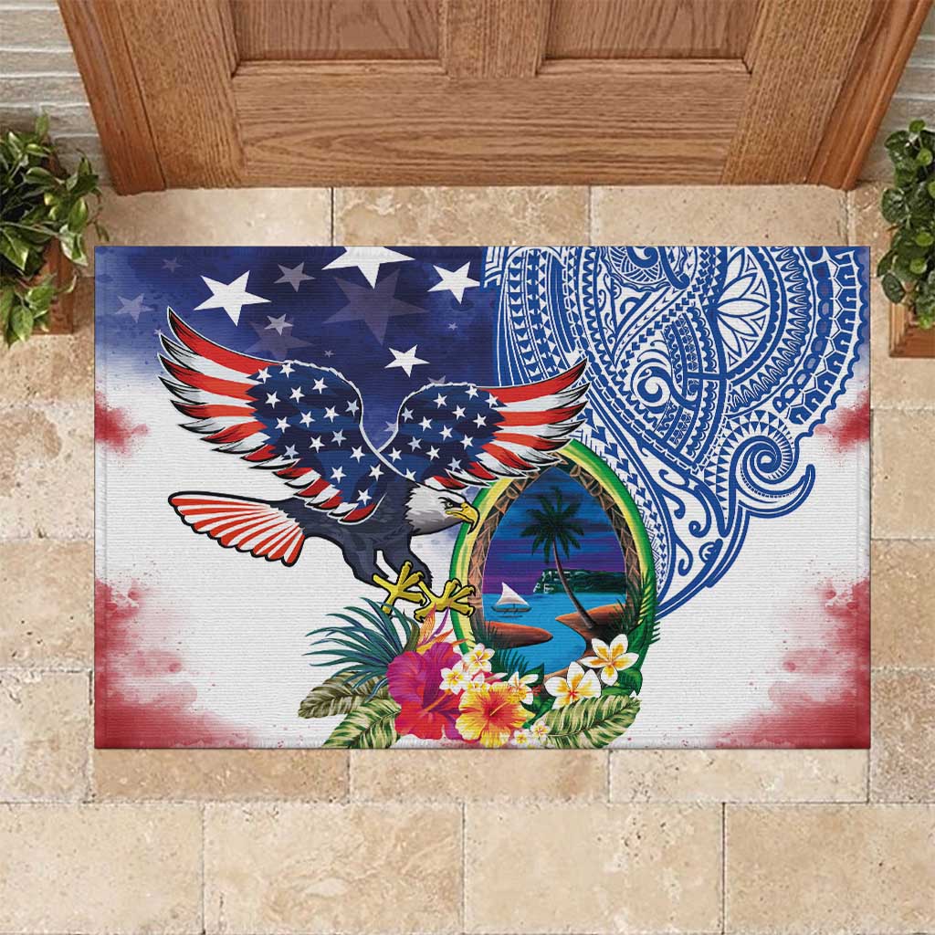 Guam and United States Together Rubber Doormat Bald Eagle and Guam Seal with Flower and Tribal Tattoos - Wonder Print Shop
