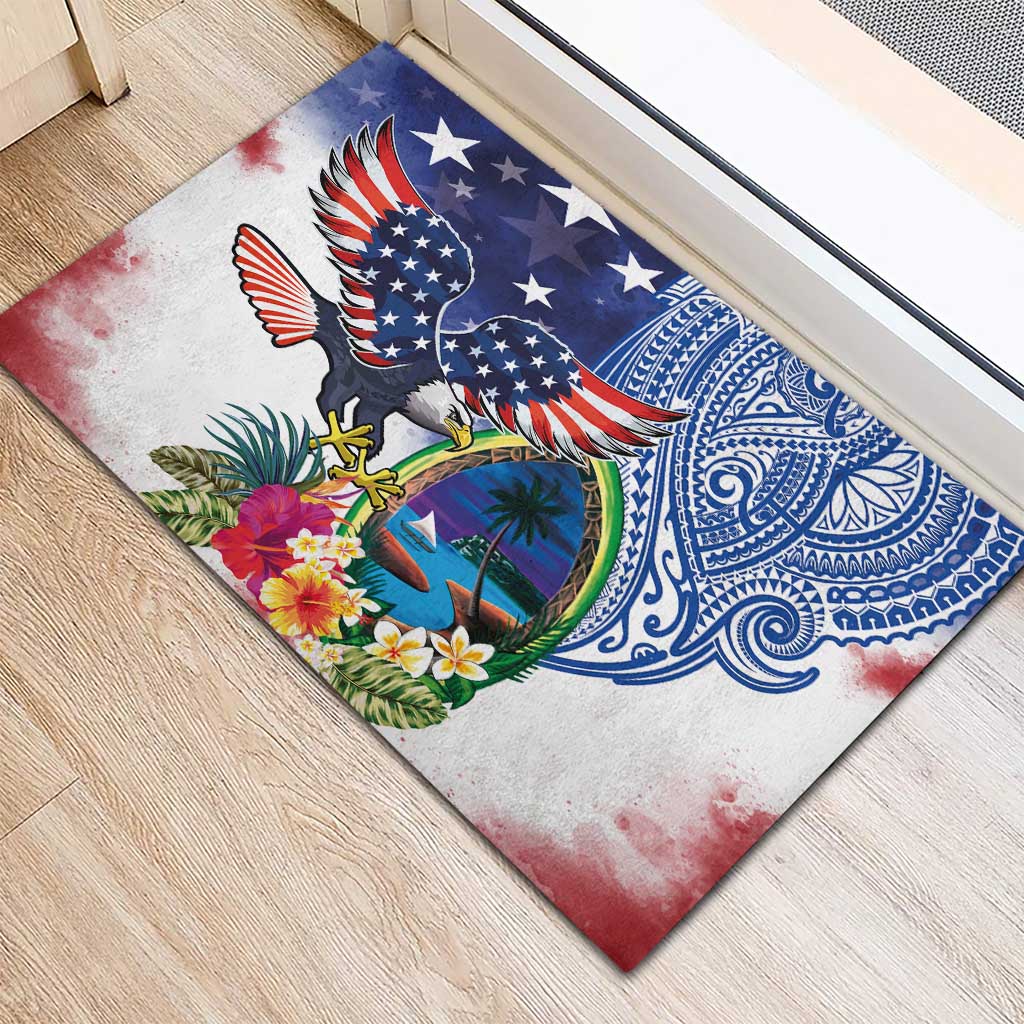 Guam and United States Together Rubber Doormat Bald Eagle and Guam Seal with Flower and Tribal Tattoos - Wonder Print Shop