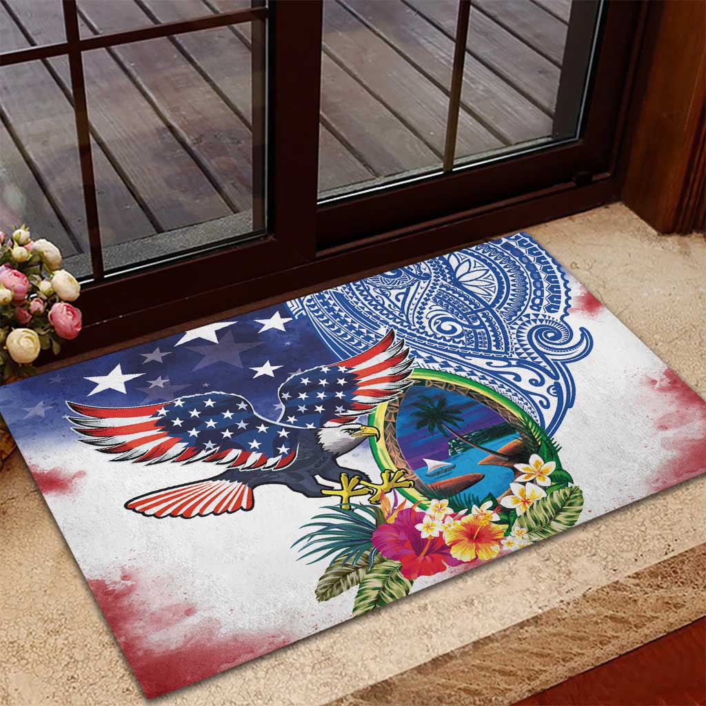 Guam and United States Together Rubber Doormat Bald Eagle and Guam Seal with Flower and Tribal Tattoos - Wonder Print Shop