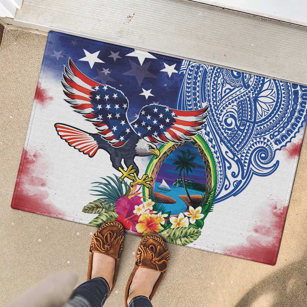 Guam and United States Together Rubber Doormat Bald Eagle and Guam Seal with Flower and Tribal Tattoos - Wonder Print Shop