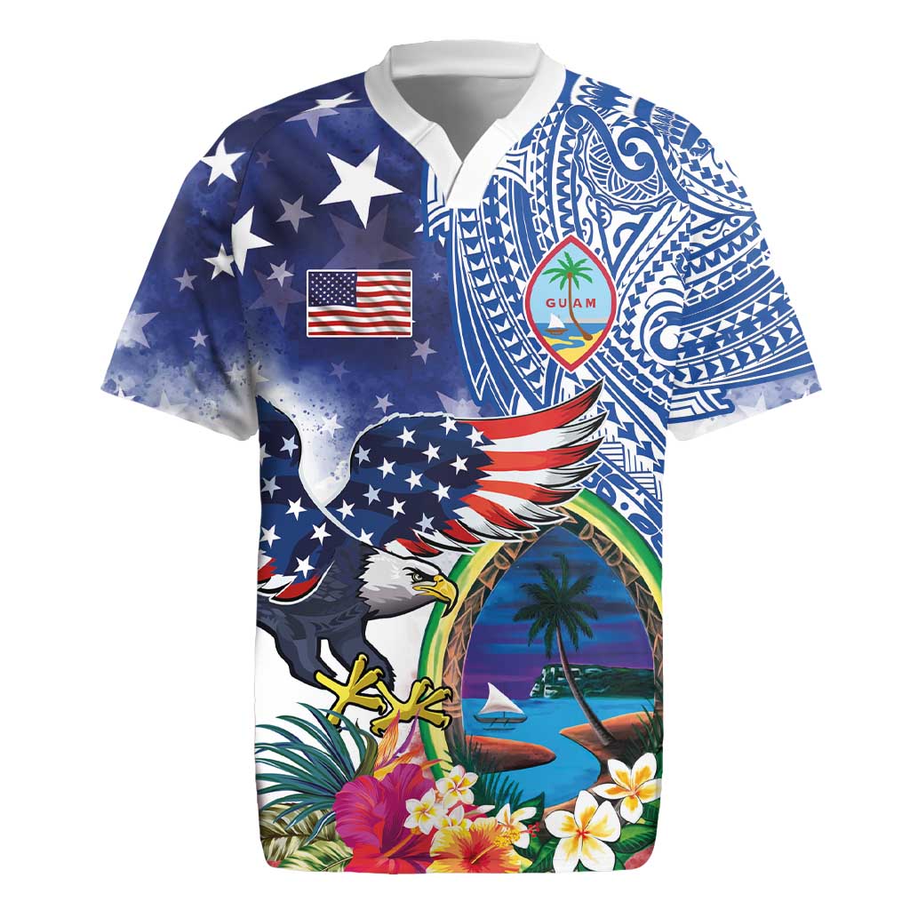 Guam and United States Together Rugby Jersey Bald Eagle and Guam Seal with Flower and Tribal Tattoos - Wonder Print Shop