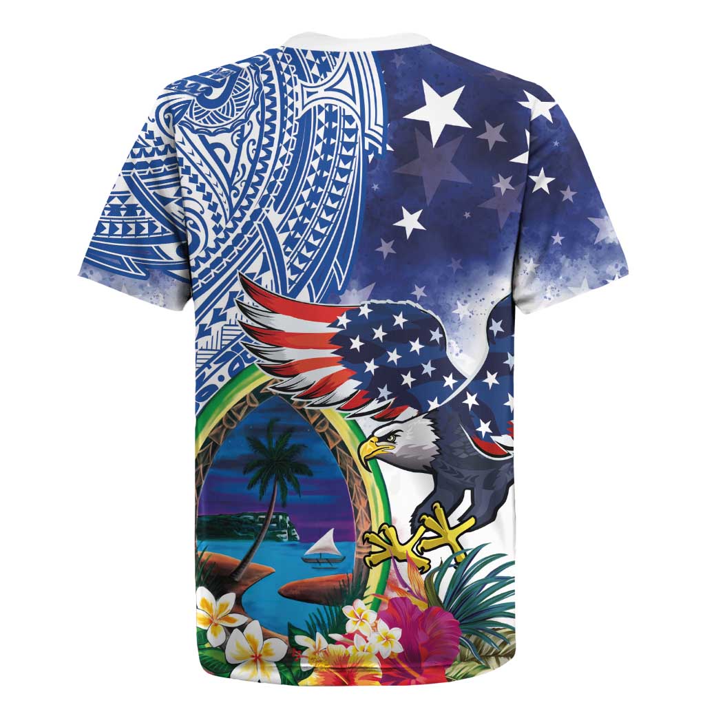 Guam and United States Together Rugby Jersey Bald Eagle and Guam Seal with Flower and Tribal Tattoos - Wonder Print Shop