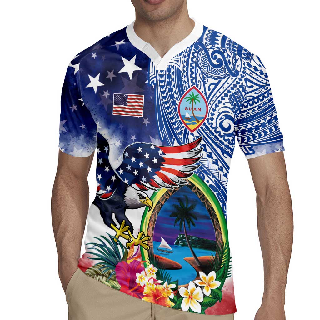 Guam and United States Together Rugby Jersey Bald Eagle and Guam Seal with Flower and Tribal Tattoos - Wonder Print Shop