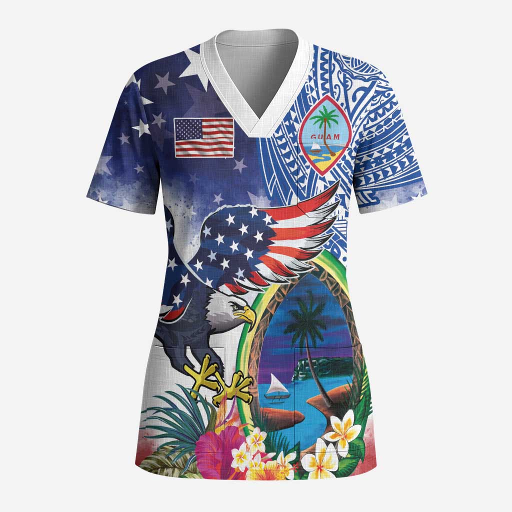 Guam and United States Together Scrub Top Bald Eagle and Guam Seal with Flower and Tribal Tattoos - Wonder Print Shop