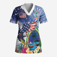 Guam and United States Together Scrub Top Bald Eagle and Guam Seal with Flower and Tribal Tattoos - Wonder Print Shop