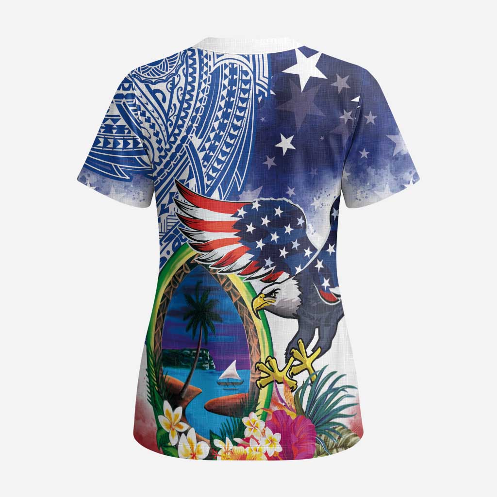 Guam and United States Together Scrub Top Bald Eagle and Guam Seal with Flower and Tribal Tattoos - Wonder Print Shop