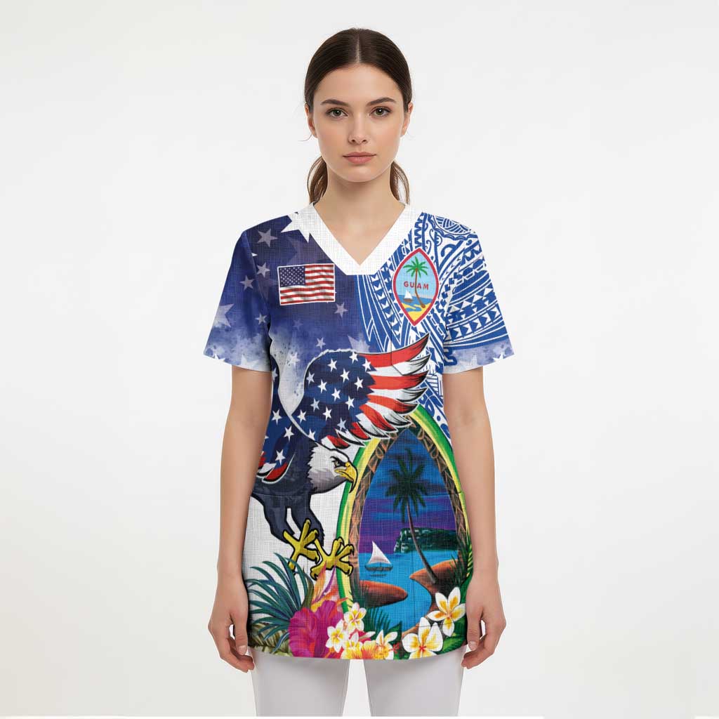 Guam and United States Together Scrub Top Bald Eagle and Guam Seal with Flower and Tribal Tattoos - Wonder Print Shop