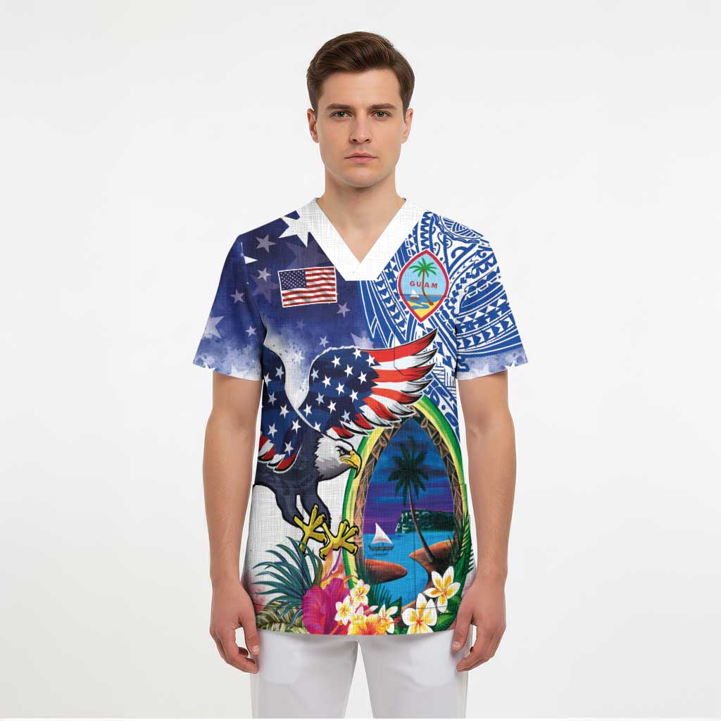 Guam and United States Together Scrub Top Bald Eagle and Guam Seal with Flower and Tribal Tattoos - Wonder Print Shop
