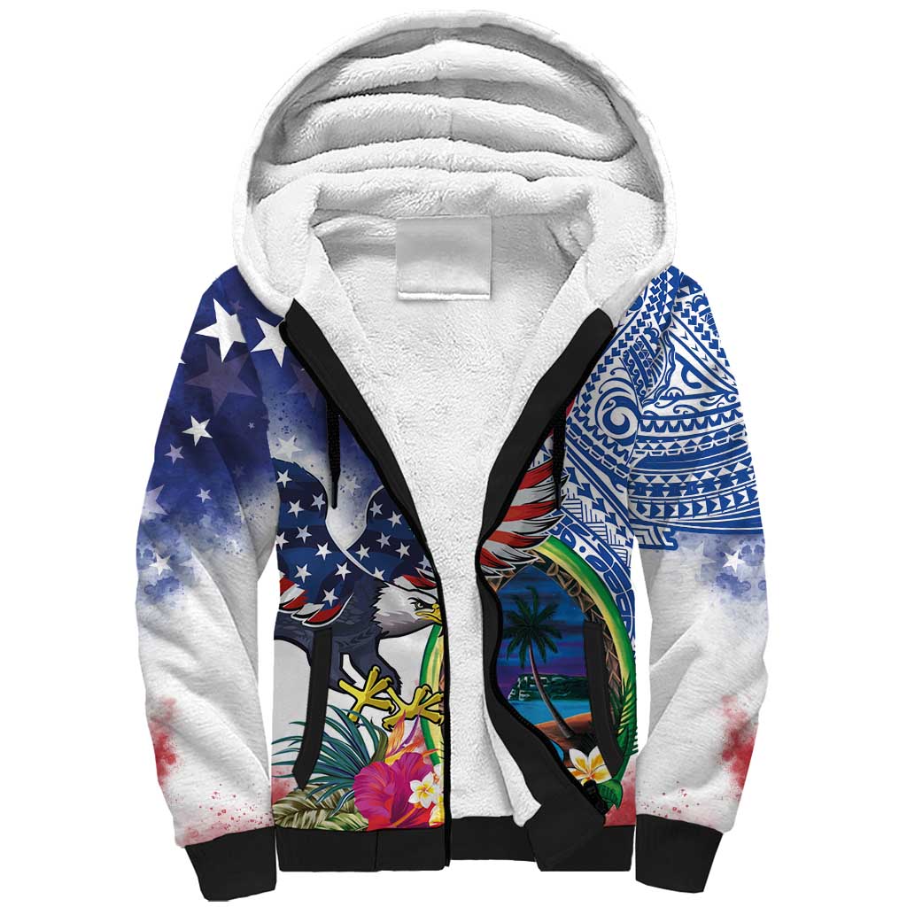 Guam and United States Together Sherpa Hoodie Bald Eagle and Guam Seal with Flower and Tribal Tattoos - Wonder Print Shop