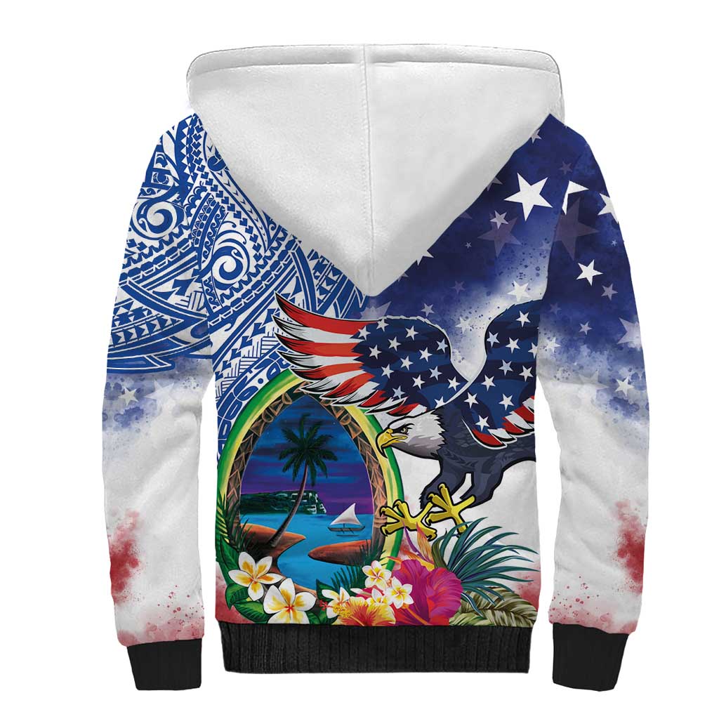 Guam and United States Together Sherpa Hoodie Bald Eagle and Guam Seal with Flower and Tribal Tattoos - Wonder Print Shop