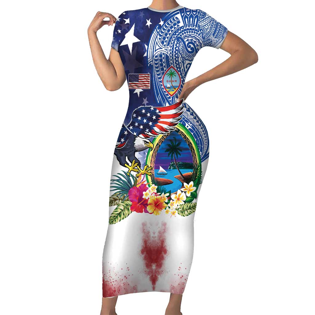 Guam and United States Together Short Sleeve Bodycon Dress Bald Eagle and Guam Seal with Flower and Tribal Tattoos - Wonder Print Shop