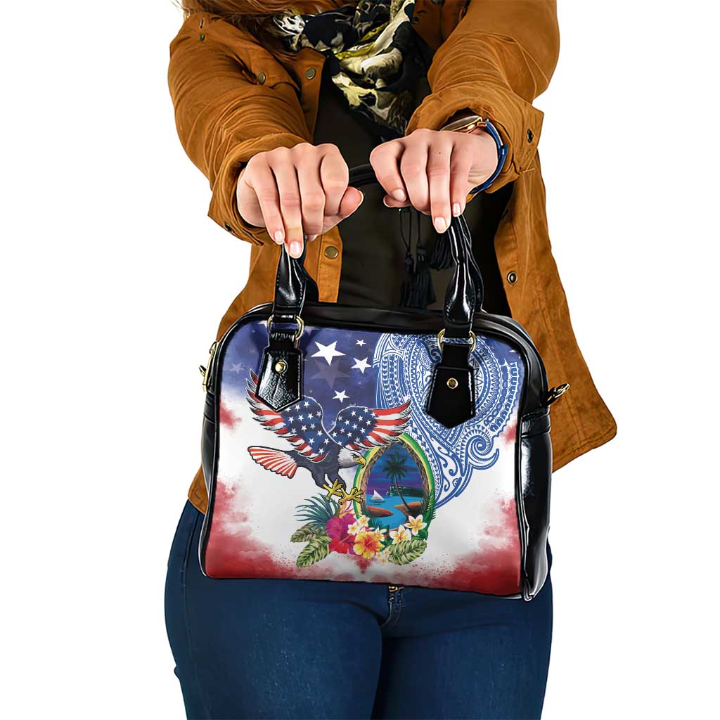 Guam and United States Together Shoulder Handbag Bald Eagle and Guam Seal with Flower and Tribal Tattoos - Wonder Print Shop