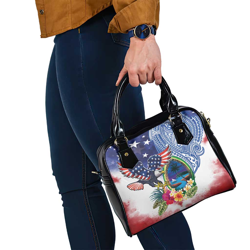 Guam and United States Together Shoulder Handbag Bald Eagle and Guam Seal with Flower and Tribal Tattoos - Wonder Print Shop