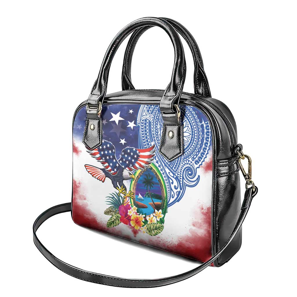 Guam and United States Together Shoulder Handbag Bald Eagle and Guam Seal with Flower and Tribal Tattoos - Wonder Print Shop