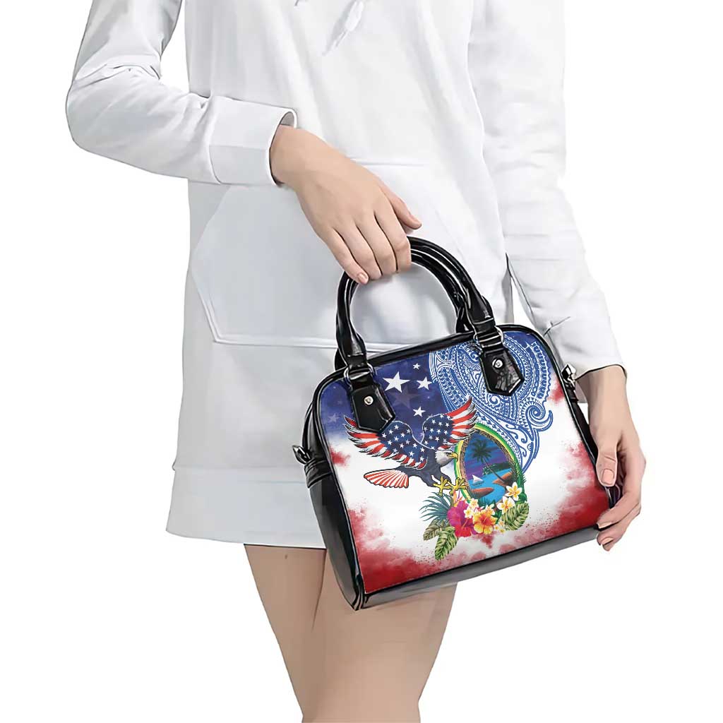 Guam and United States Together Shoulder Handbag Bald Eagle and Guam Seal with Flower and Tribal Tattoos - Wonder Print Shop
