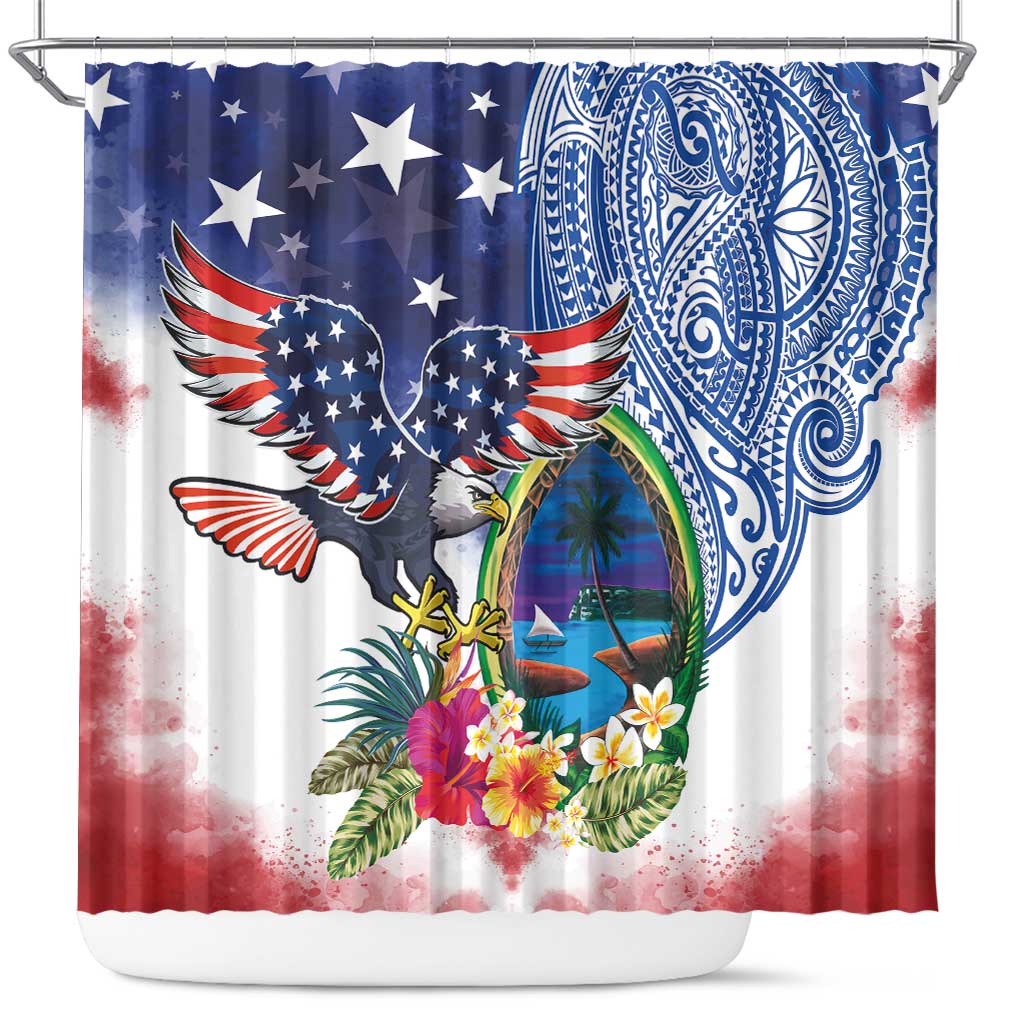 Guam and United States Together Shower Curtain Bald Eagle and Guam Seal with Flower and Tribal Tattoos - Wonder Print Shop