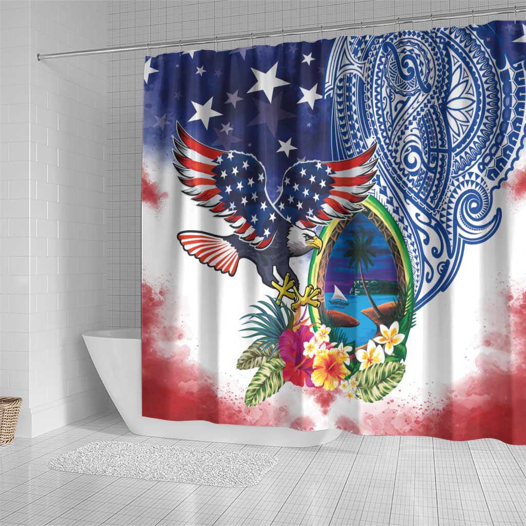 Guam and United States Together Shower Curtain Bald Eagle and Guam Seal with Flower and Tribal Tattoos - Wonder Print Shop
