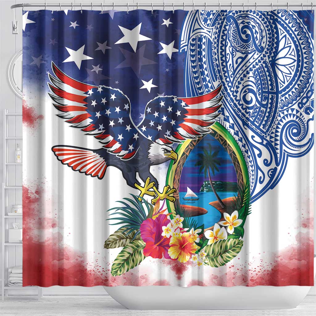 Guam and United States Together Shower Curtain Bald Eagle and Guam Seal with Flower and Tribal Tattoos - Wonder Print Shop
