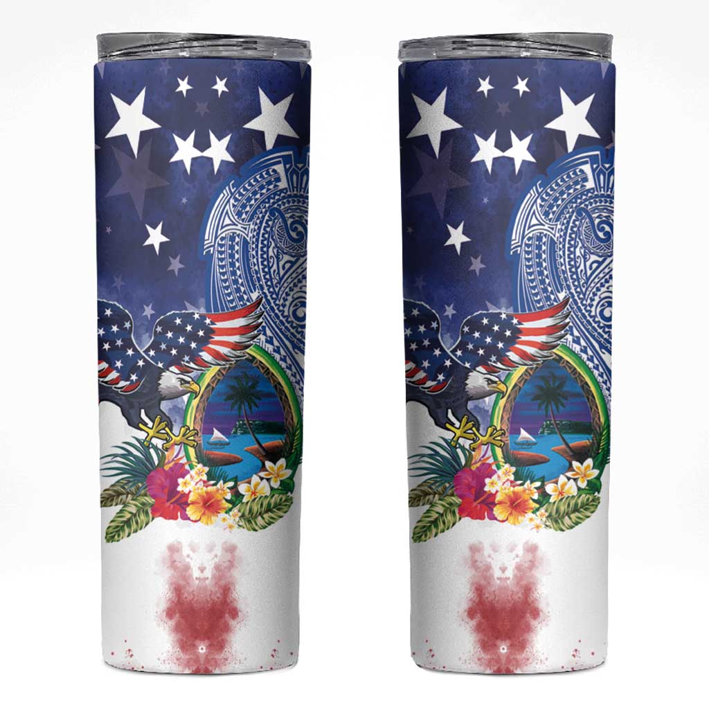 Guam and United States Together Skinny Tumbler Bald Eagle and Guam Seal with Flower and Tribal Tattoos - Wonder Print Shop