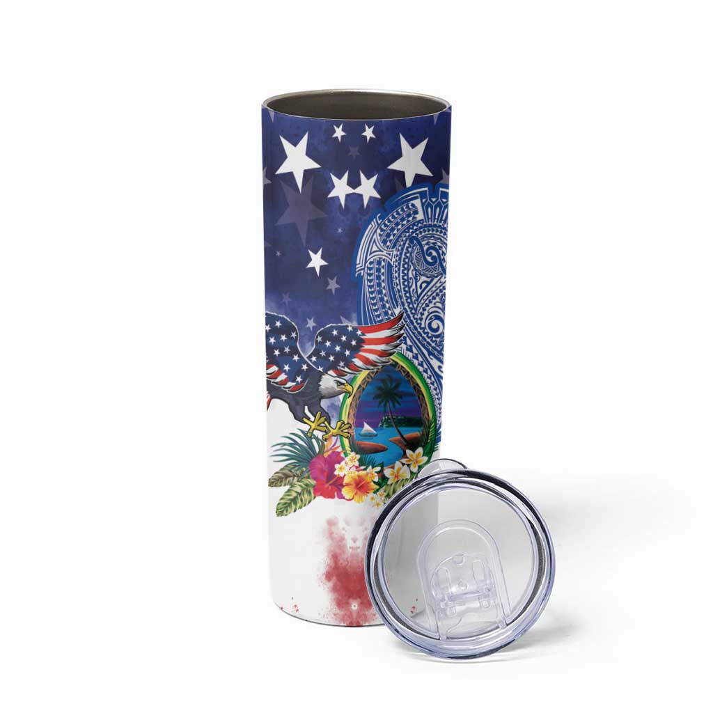 Guam and United States Together Skinny Tumbler Bald Eagle and Guam Seal with Flower and Tribal Tattoos - Wonder Print Shop