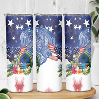 Guam and United States Together Skinny Tumbler Bald Eagle and Guam Seal with Flower and Tribal Tattoos - Wonder Print Shop