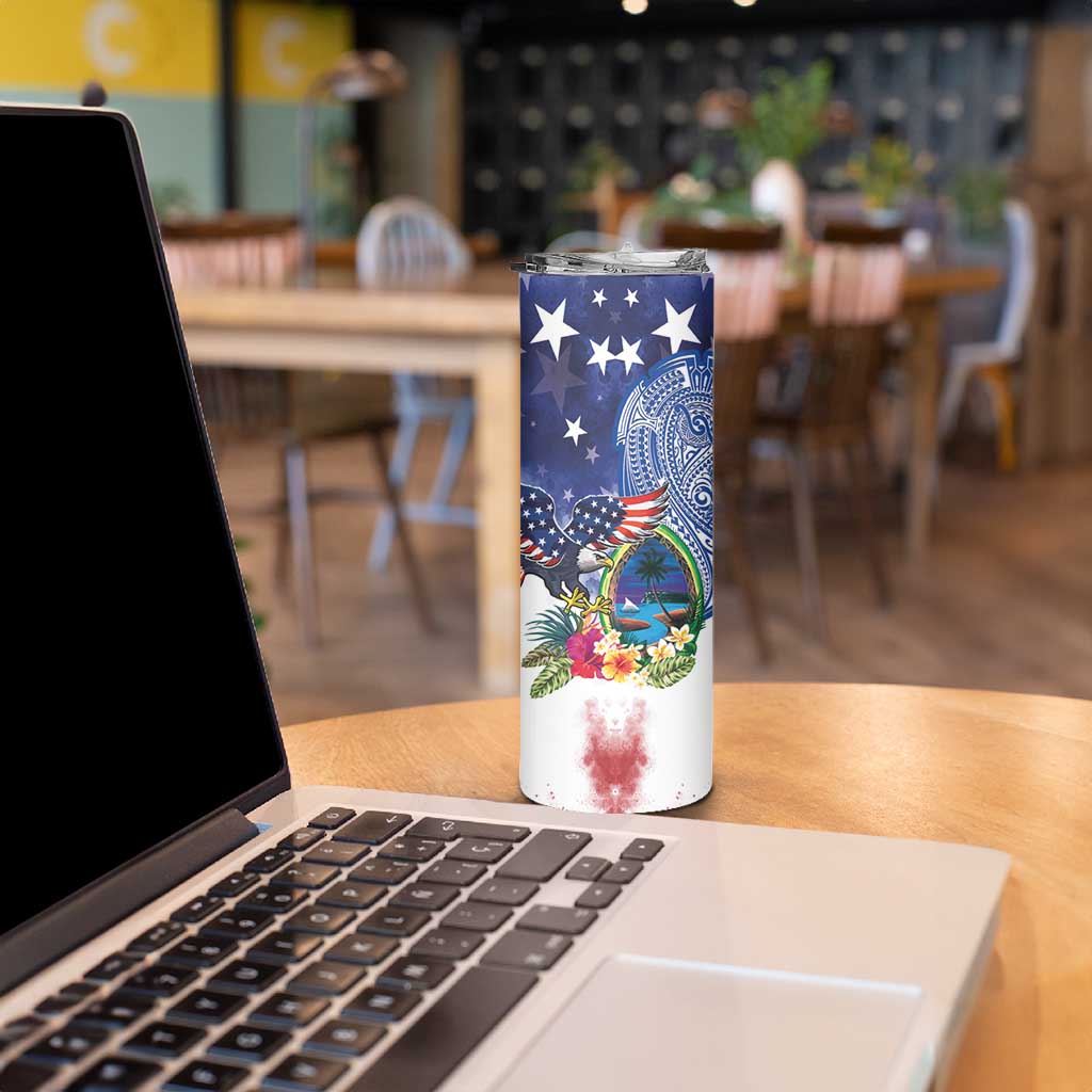 Guam and United States Together Skinny Tumbler Bald Eagle and Guam Seal with Flower and Tribal Tattoos - Wonder Print Shop