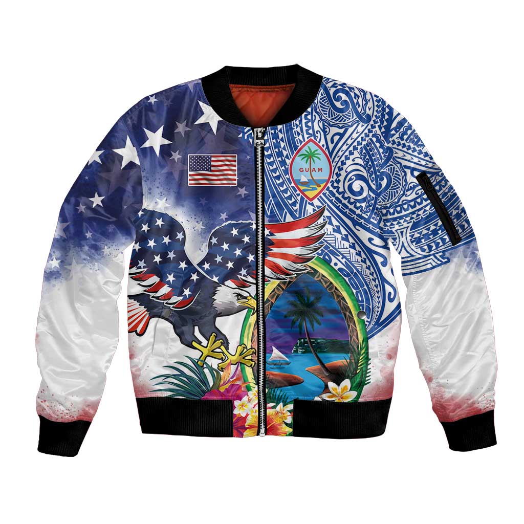 Guam and United States Together Sleeve Zip Bomber Jacket Bald Eagle and Guam Seal with Flower and Tribal Tattoos - Wonder Print Shop