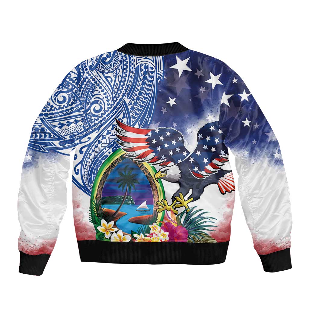 Guam and United States Together Sleeve Zip Bomber Jacket Bald Eagle and Guam Seal with Flower and Tribal Tattoos - Wonder Print Shop