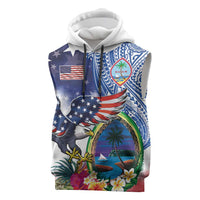 Guam and United States Together Sleeveless Hoodie Bald Eagle and Guam Seal with Flower and Tribal Tattoos - Wonder Print Shop
