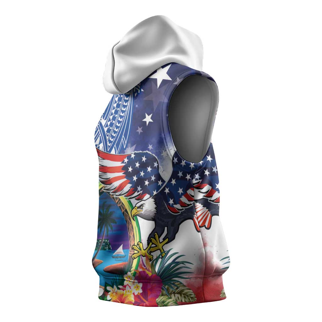 Guam and United States Together Sleeveless Hoodie Bald Eagle and Guam Seal with Flower and Tribal Tattoos - Wonder Print Shop