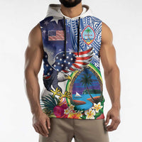 Guam and United States Together Sleeveless Hoodie Bald Eagle and Guam Seal with Flower and Tribal Tattoos - Wonder Print Shop