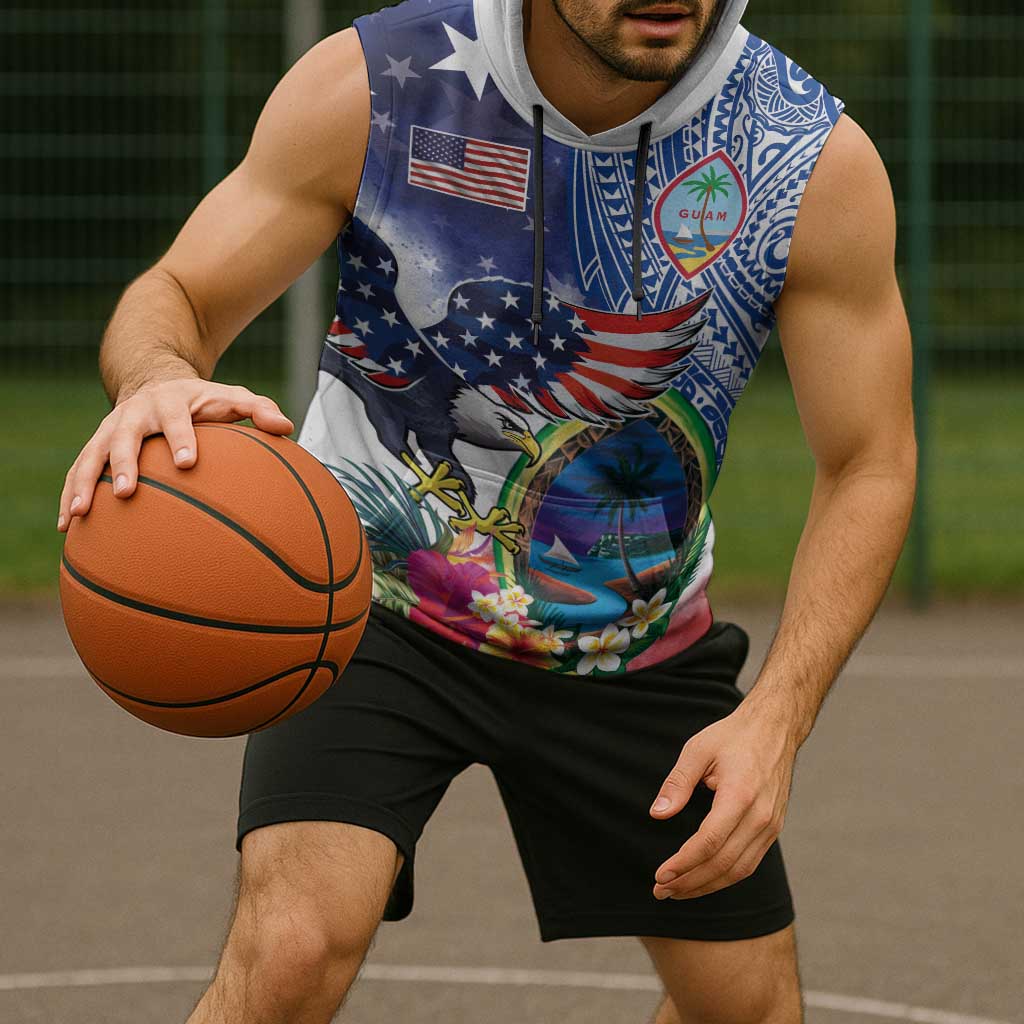 Guam and United States Together Sleeveless Hoodie Bald Eagle and Guam Seal with Flower and Tribal Tattoos - Wonder Print Shop