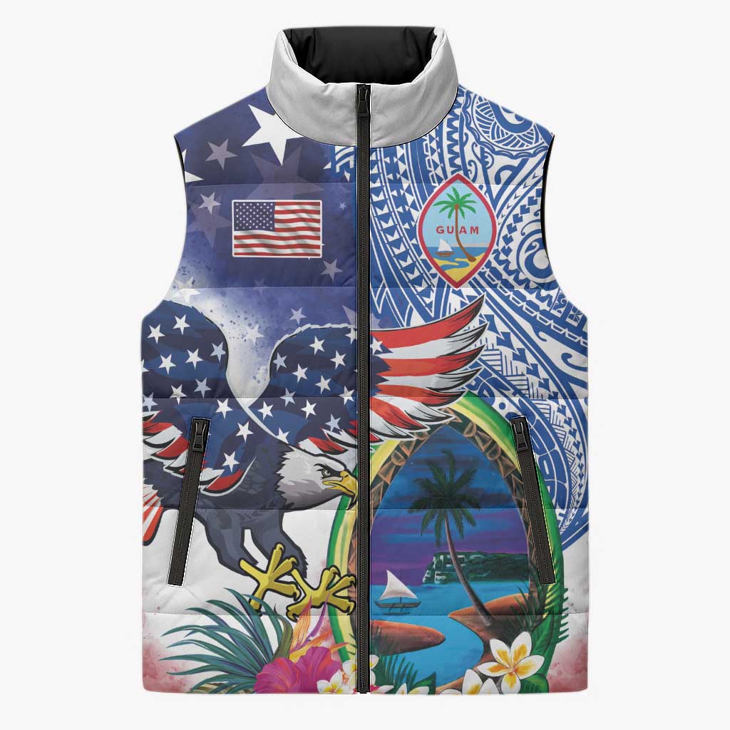 Guam and United States Together Sleeveless Puffer Jacket Bald Eagle and Guam Seal with Flower and Tribal Tattoos - Wonder Print Shop