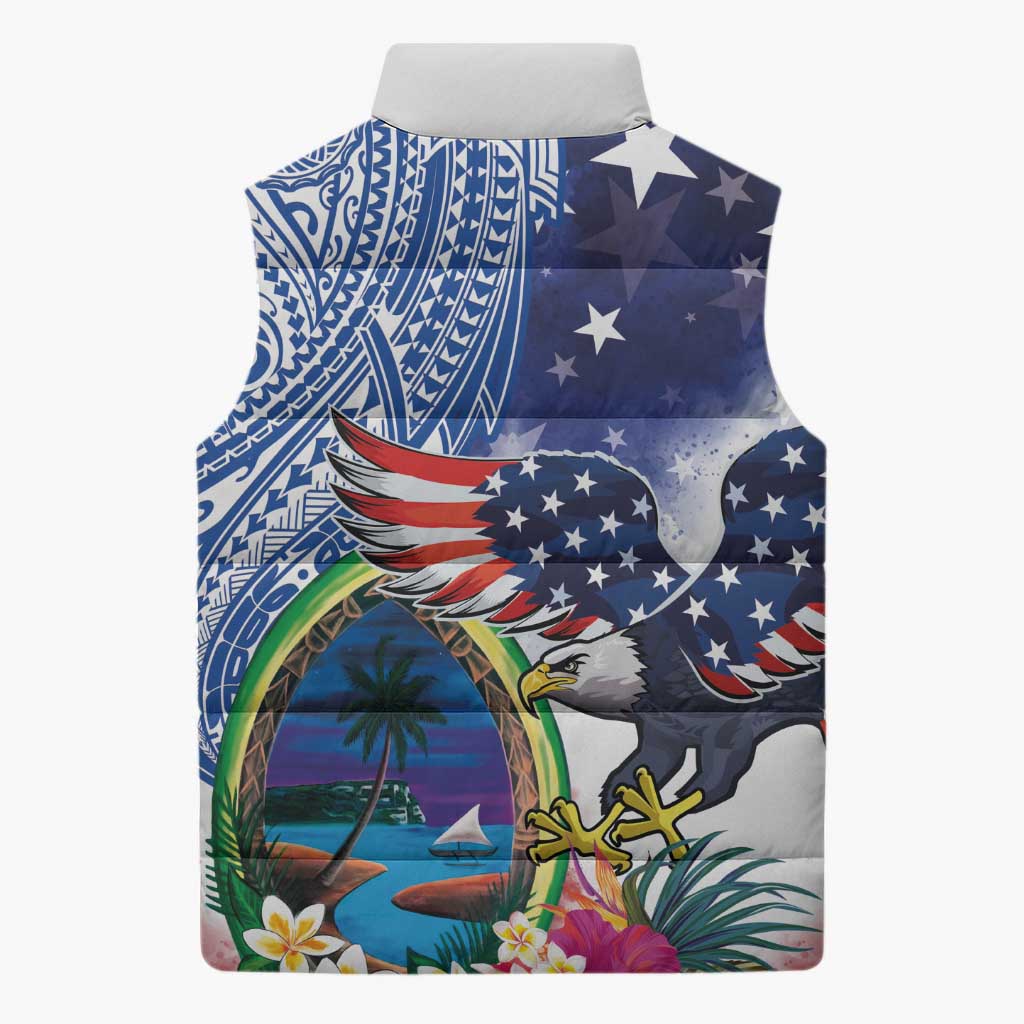 Guam and United States Together Sleeveless Puffer Jacket Bald Eagle and Guam Seal with Flower and Tribal Tattoos - Wonder Print Shop