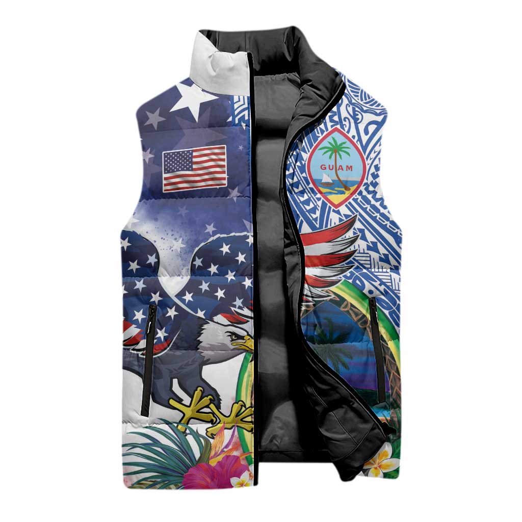 Guam and United States Together Sleeveless Puffer Jacket Bald Eagle and Guam Seal with Flower and Tribal Tattoos - Wonder Print Shop