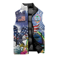 Guam and United States Together Sleeveless Puffer Jacket Bald Eagle and Guam Seal with Flower and Tribal Tattoos - Wonder Print Shop