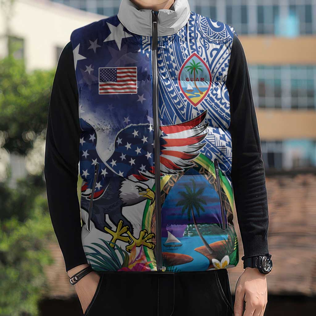 Guam and United States Together Sleeveless Puffer Jacket Bald Eagle and Guam Seal with Flower and Tribal Tattoos - Wonder Print Shop