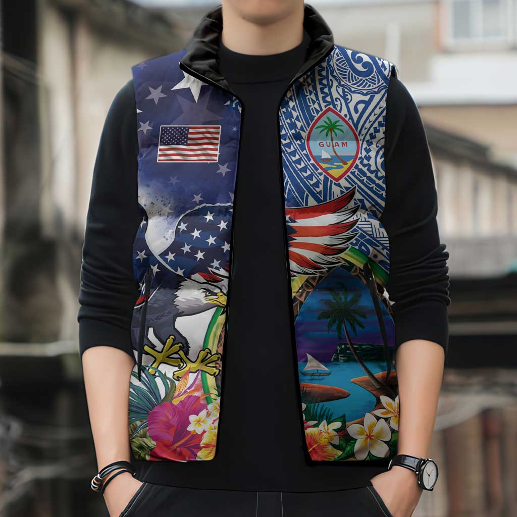 Guam and United States Together Sleeveless Puffer Jacket Bald Eagle and Guam Seal with Flower and Tribal Tattoos - Wonder Print Shop