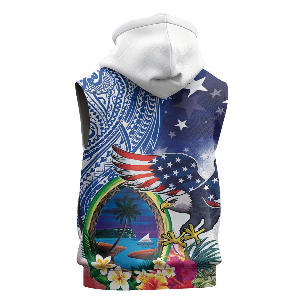 Guam and United States Together Sleeveless Zip Hoodie Bald Eagle and Guam Seal with Flower and Tribal Tattoos - Wonder Print Shop