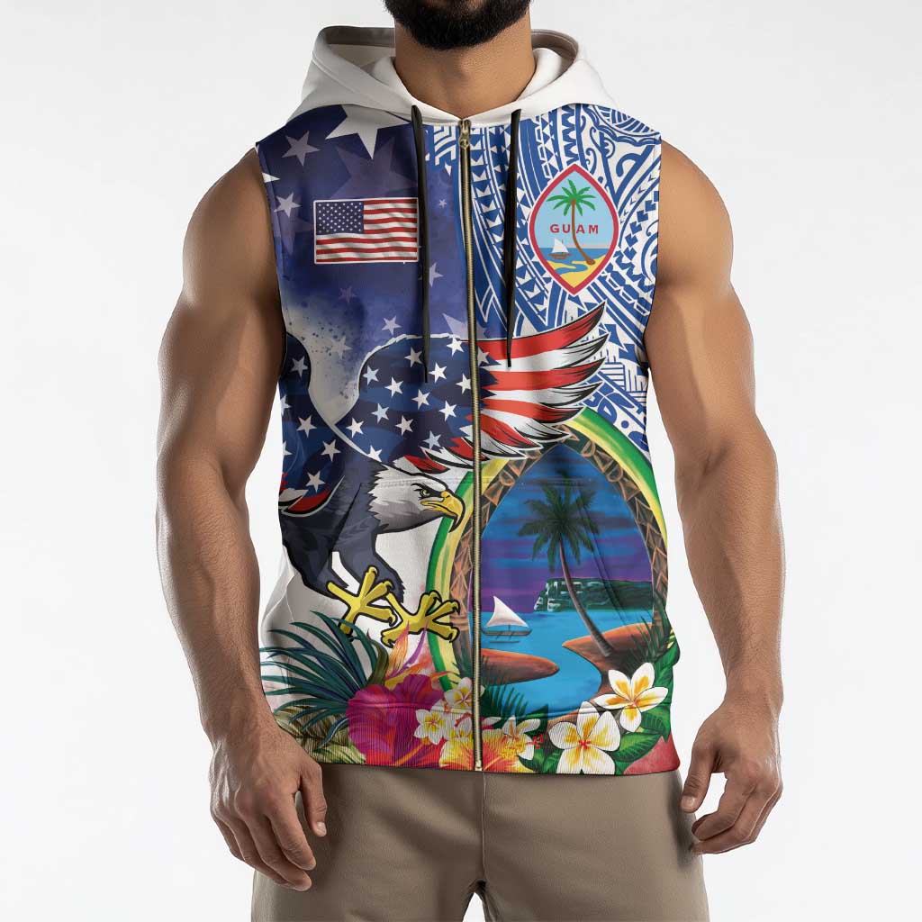 Guam and United States Together Sleeveless Zip Hoodie Bald Eagle and Guam Seal with Flower and Tribal Tattoos - Wonder Print Shop