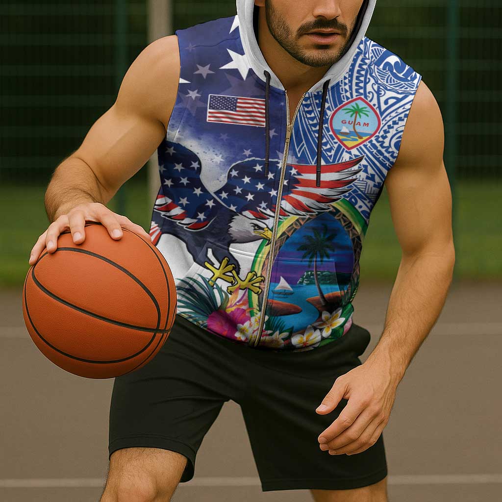 Guam and United States Together Sleeveless Zip Hoodie Bald Eagle and Guam Seal with Flower and Tribal Tattoos - Wonder Print Shop