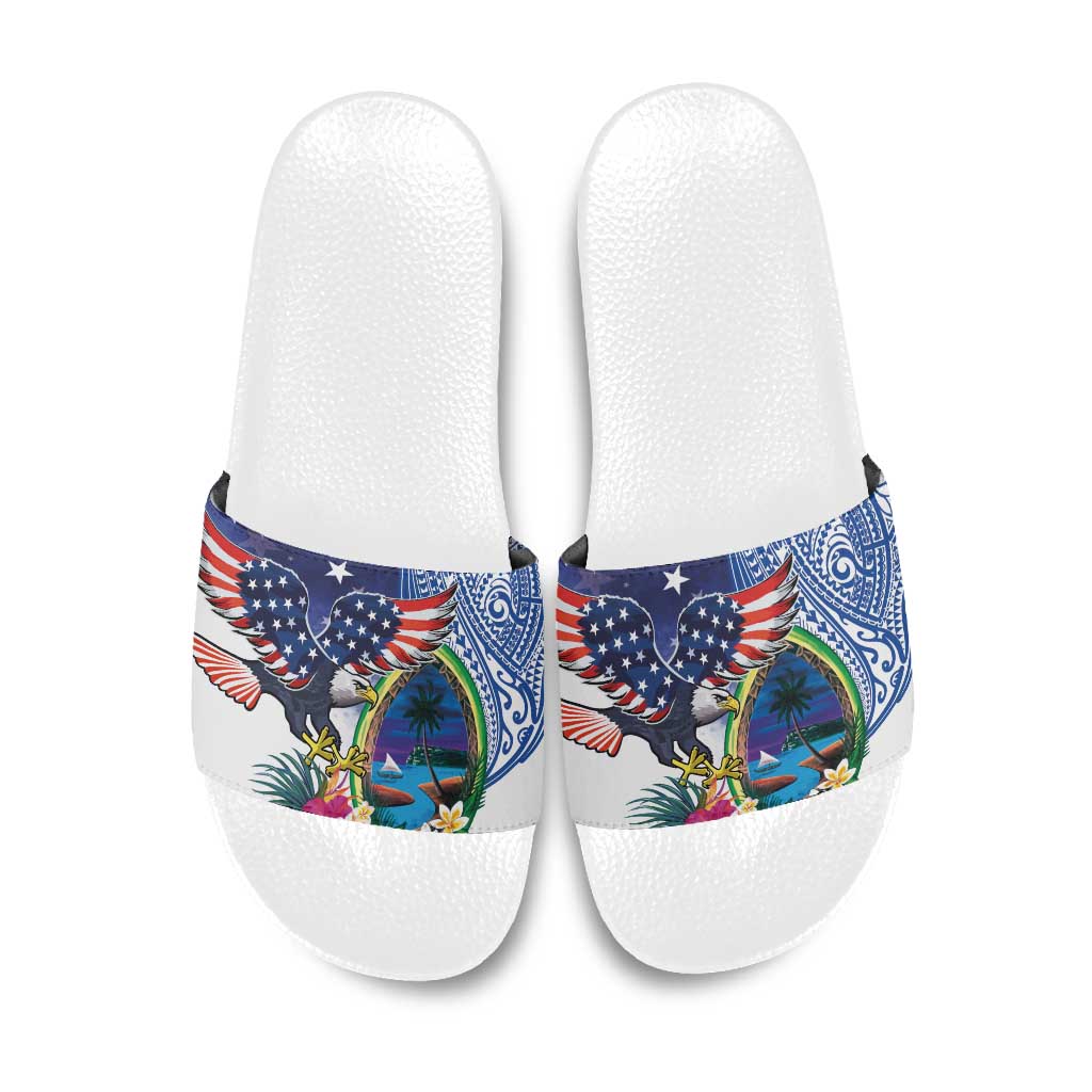 Guam and United States Together Slide Sandals Bald Eagle and Guam Seal with Flower and Tribal Tattoos - Wonder Print Shop