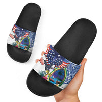 Guam and United States Together Slide Sandals Bald Eagle and Guam Seal with Flower and Tribal Tattoos - Wonder Print Shop