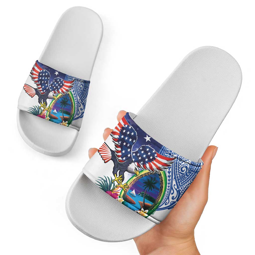 Guam and United States Together Slide Sandals Bald Eagle and Guam Seal with Flower and Tribal Tattoos - Wonder Print Shop