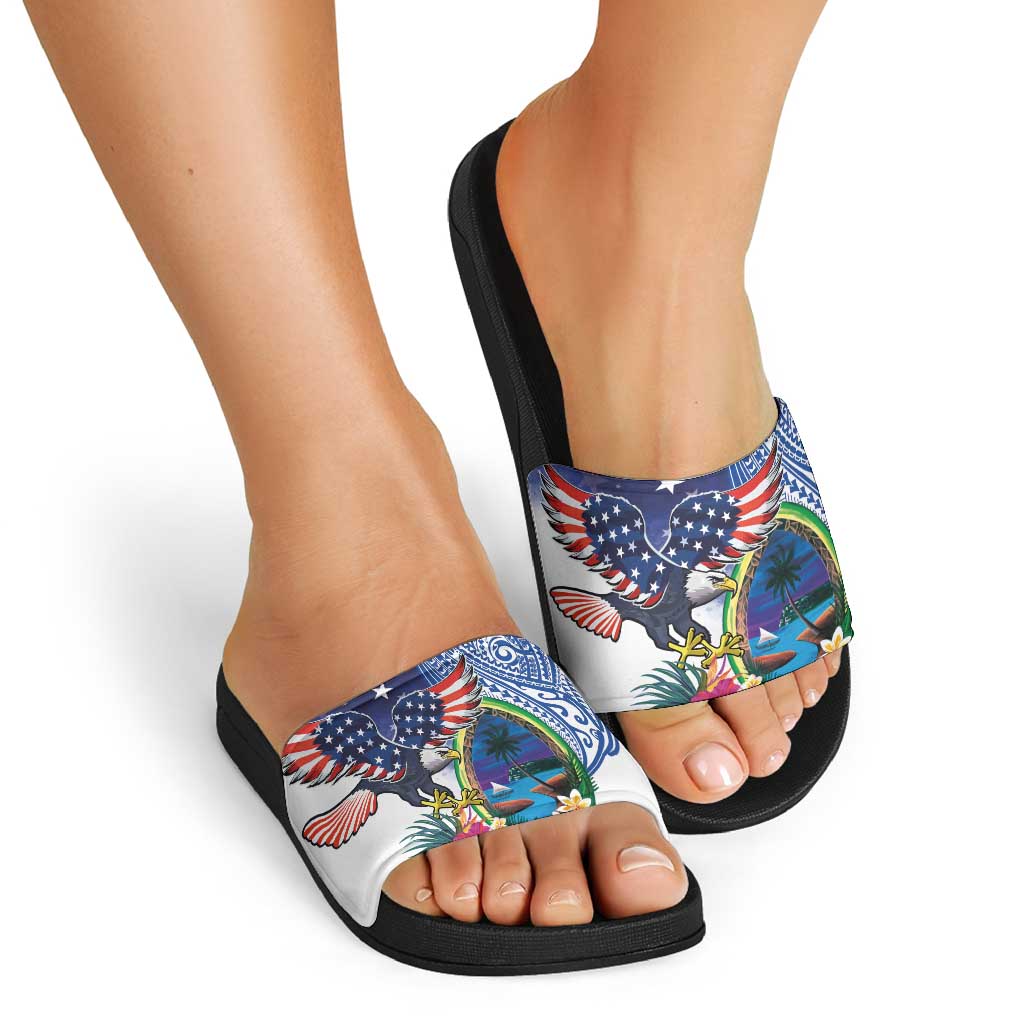 Guam and United States Together Slide Sandals Bald Eagle and Guam Seal with Flower and Tribal Tattoos - Wonder Print Shop